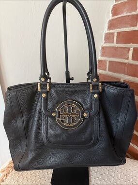 Tory Burch Amanda Tote Black Pebbled Leather Shoulder Bag Large Carryall
